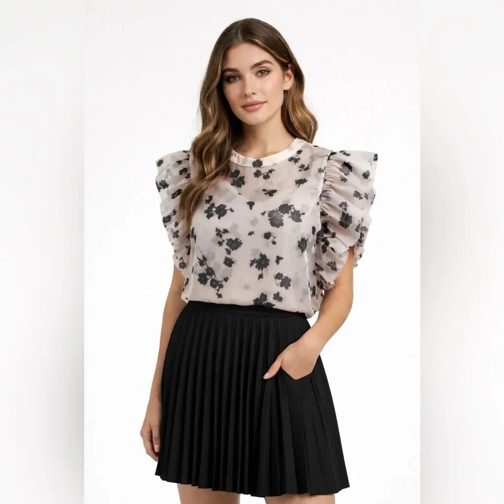 AUREUM FLORAL ORGANZA SHEER RUFFLE SLEEVE TOP‎ BLACK CREAM LARGE